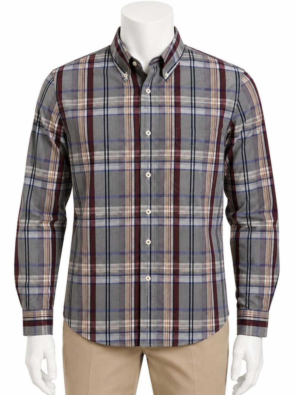 Roundtree & Yorke Men's Button Gray Burgundy Plaid Button-Down Shirt - Large